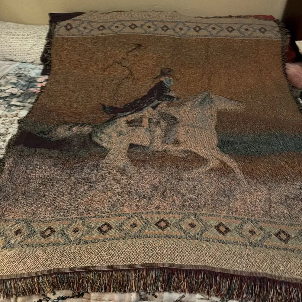 Vtg Mohawk Home Jack Terry Western Cowboy Woven Tapestry Throw Blanket 54x46 USA